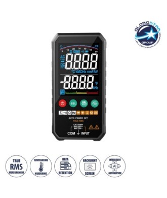 GloboStar® 79976 Ψηφιακό Φορητό Πολύμετρο Data Retantion True RMS Intelligent Automation AI Μπαταρίας 2 x AAA (Δεν Περιλαμβάνονται) με Οπίσθιο Φωτισμό Μετρητής Τάσης AC-DC - Θερμοκρασία - Αμπερόμετρο - Voltmeter - Καπασιτόμετρο - Ohm - Μαύρο